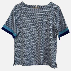 Chico's Womens Blue Stretchy Boxy Short Sleeve Work Casual Geometric Pattern Top